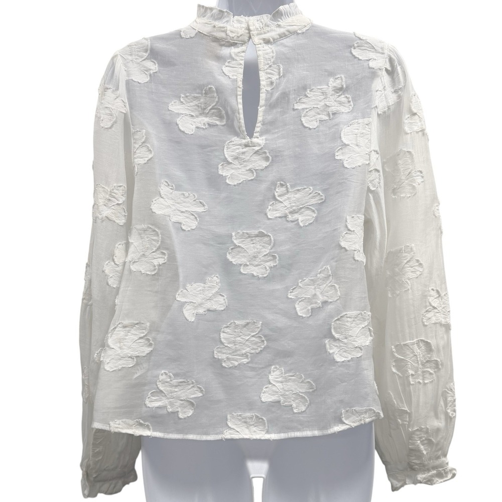 H&M Women's Size 2 White Floral Ruffle Neck Sheer Long Sleeve Blouse - Picture 2 of 6